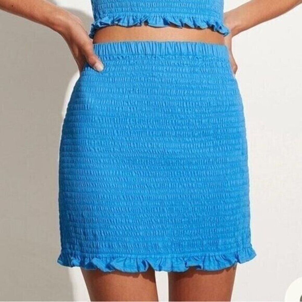 Faithfull The Brand turquoise blue smocked fitted mini skirt